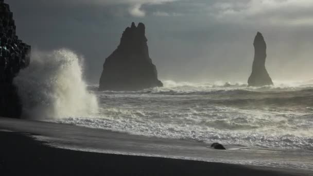 Zee stapels in ruwe zonovergoten zee met zwart zand strand — Stockvideo