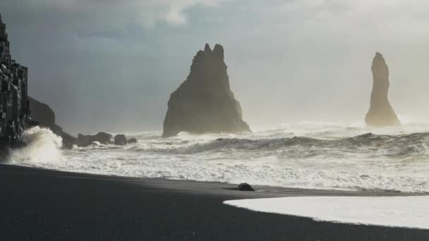 Sea Stacks In Rough Sunlit Sea With Black Sand Beach — стоковое видео