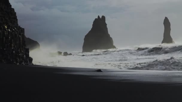 Nebelschwaden und krachendes Meer am schwarzen Sandstrand — Stockvideo