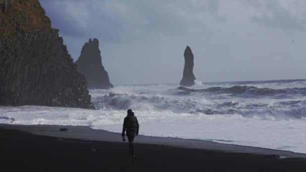 Photographer Walking On Black Sand Beach Towards White Surf — ストック動画