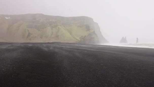 Snow Falling On Black Sand Beach With Sea Stacks And Mountain — Stock video