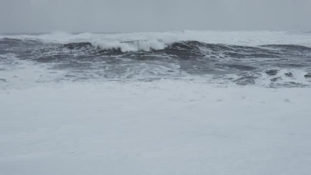 黒砂のビーチに入ってくる荒い白い海 — ストック動画