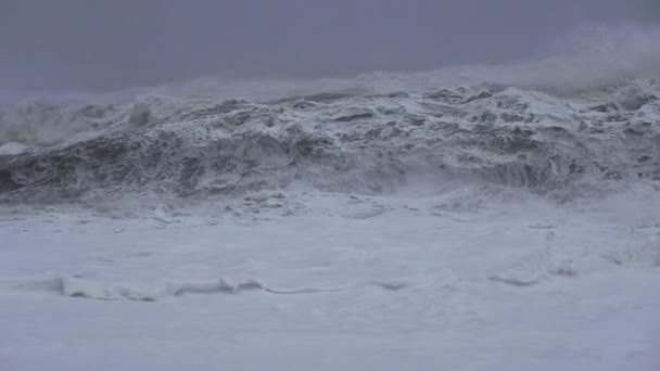 黒砂のビーチに入ってくる荒い白い海 — ストック動画