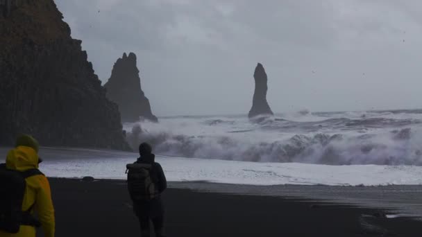 Fotógrafos en la playa de arena negra viendo el mar áspero — Vídeos de Stock