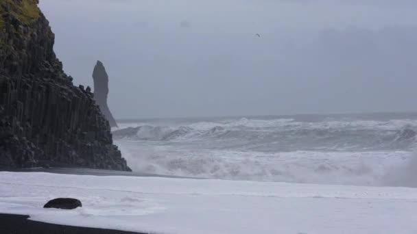 Crashing Waves Against Rocks On Black Sand Beach — Vídeo de Stock