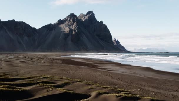 Drone Rising Above Tide And Beach With View Of Vestrahorn — Video