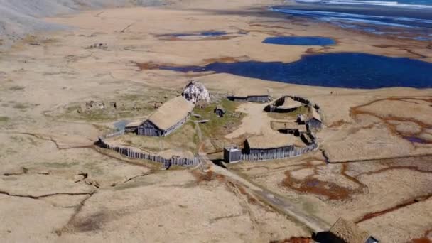 Drone Over Viking Village Film Set In Landscape Of Hofn — Stock video