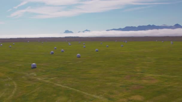 Drone sobre campo verde con balas de heno cubiertas — Vídeos de Stock