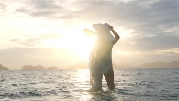 Woman In Thong In Sea At Sunset — Video Stock