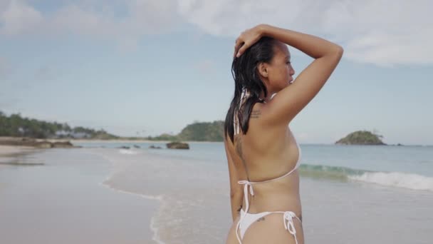 Perempuan di Bikini Dengan Tangan di Rambut Basah — Stok Video