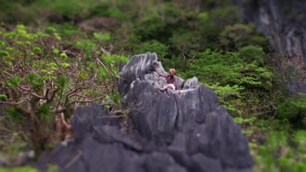 Woman Taking Selfie With Smartphone On Limestone Rocks — Vídeos de Stock