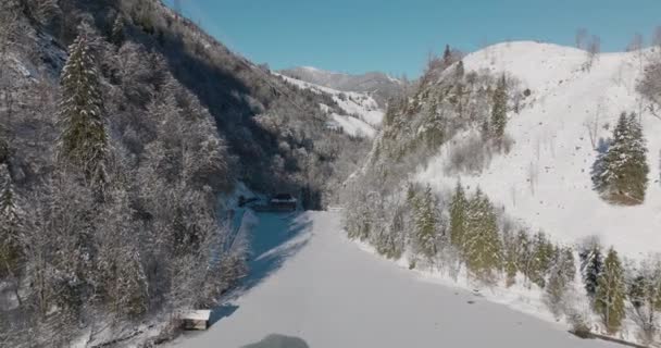 Drone sopra il lago congelato del Klammsee nella valle delle foreste innevate — Video Stock
