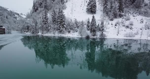 Drone rijst op uit reflecterend groen water van Klammsee Lake — Stockvideo