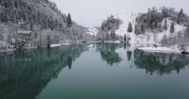Klammsee Gölü üzerindeki insansız hava aracı Karla kaplı ağaçlarla çevrili