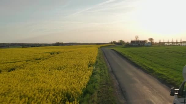 Drone Over Campervan rijden op weg door groene en gele velden — Stockvideo