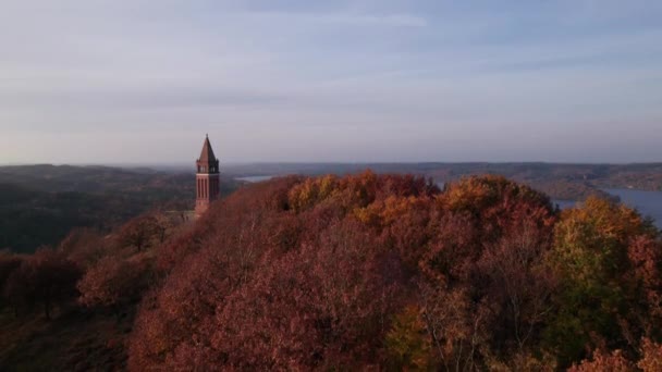 Drone over bos met toren bij zonsondergang — Stockvideo