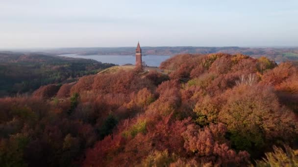 Drone πάνω από το δάσος προς τον πύργο στο ηλιοβασίλεμα — Αρχείο Βίντεο