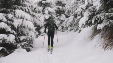Maiskogel Kayak Tatil Köyü, Kaprun, Avusturya 'daki Kar Ormanı' nda İnsan Kayağı Turu Elle Çekilen Yavaş Çekimi