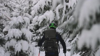 Maiskogel Kayak Merkezi, Kaprun, Avusturya 'daki Kar Altındaki Ormanda Dolaşan ve Karı Yere Düşüren Elle Çekilen Yavaş Kayak Çekimi