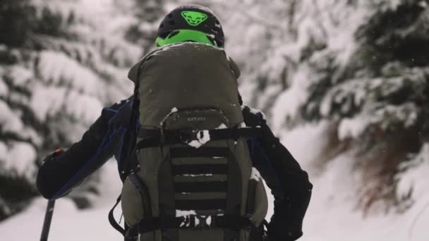 奥地利卡普恩梅斯科格尔滑雪度假村 手持慢镜头的男子从相机转向滑雪之旅穿越白雪覆盖的森林 — 图库视频影像