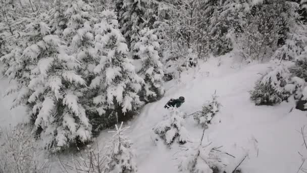 雪に覆われたマイスコゲルスキーリゾート カプラン オーストリアの森を通って広いドローンフライト追跡男スキーツアー上り坂 — ストック動画