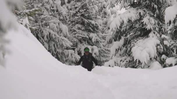 Medium Slow Motion Handheld Shot Man Ski Touring Poles Snow — Vídeo de Stock