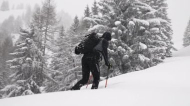 Man Ski 'nin, Maiskogel Kayak Tatil Köyü, Kaprun, Avusturya' nın Karlı Ormanı 'nda Kayak Turu' nun Geniş Yavaş Çekimi
