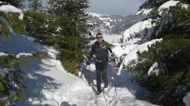 Středně Pomalé Sledování Pohybu Shot Man Ski Touring Uphill Sunlit — Stock video