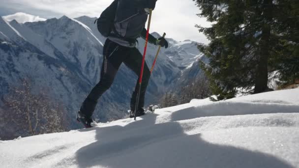 Střední Pomalý Pohyb Low Angle Tracking Shot Man Ski Touring — Stock video