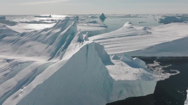 Wide Drone Flight Sea Ice Ilulissat Icefjord Объект Всемирного Наследия — стоковое видео