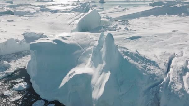 Wide Drone Flight Sea Ice Ilulissat Icefjord Объект Всемирного Наследия — стоковое видео