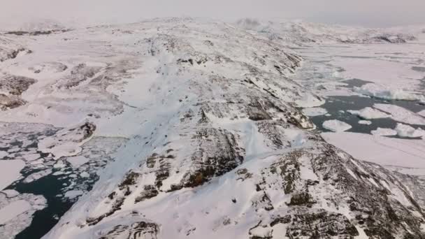 Wide Drone Flight Landscape Snow Ice Ilulissat Icefjord Unescos Världsarv — Stockvideo