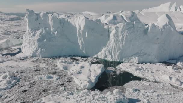 Wide Drone Flight Sea Ice Ilulissat Icefjord Объект Всемирного Наследия — стоковое видео
