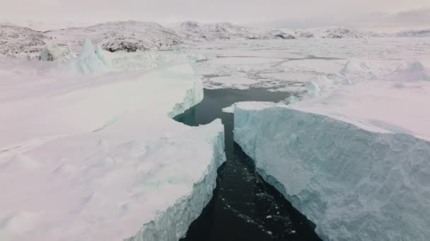 Wide Drone Flight Sea Ice Ilulissat Icefjord Объект Всемирного Наследия — стоковое видео