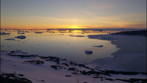 Wide Panning Shot Ice Snow Sea Ilulissat Icefjord Sunset Greenland — Stock Video