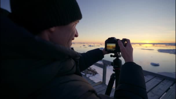 Dont Slow Motion Medium Shot Photographer Looking Screen Camera Sunset — 비디오