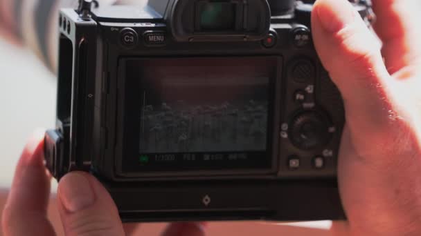迪拜Ras Khor野生动物保护区拍摄大火烈鸟的摄像机画面 人类的手握住相机 特写镜头 — 图库视频影像