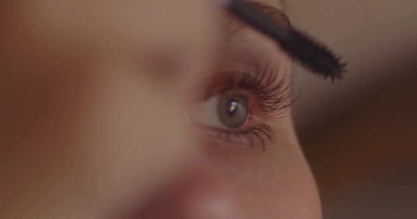 Slow Motion Shot Beautiful Young Woman Putting Makeup Her Eyes — Stock Video