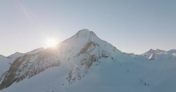 Wide Drone Flight Winter Kitzsteinhorn Mountain Ski Slope Sun Rising — Stock Video