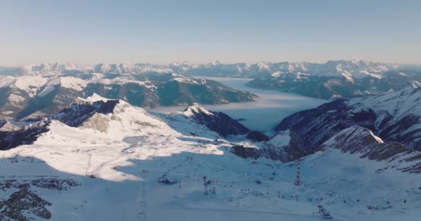 Wide Drone Flight Winter Kitzsteinhorn Mountain Ski Slope High Tauern — Stock Video