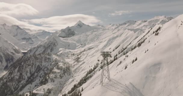 Vol Drone Large Hiver Sur Montagne Kitzsteinhorn Avec Téléphérique Haut — Video