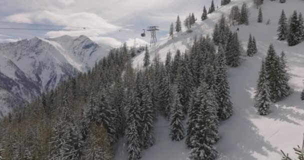 Wide Drone Flight Winter Forest Cable Car Kitzsteinhorn Mountain High — стокове відео