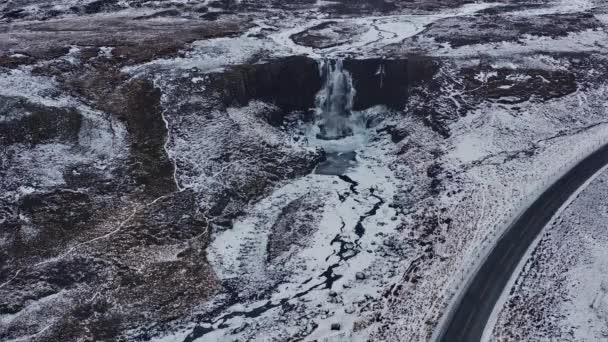 Letecký Pohled Vodopád Gufufoss Island Ohromující Panoramatická Zimní Krajina Širokoúhlá — Stock video