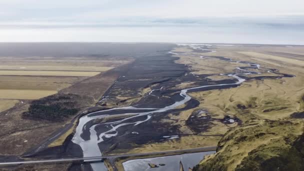 Luchtfoto Van Vallei Rivier Bij Skogafoss Waterval Ijsland Adembenemend Landschap — Stockvideo