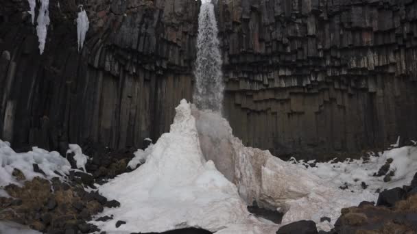 Svartifossの滝と玄武岩溶岩列叙事詩の風景 アイスランドのヴァトナヨークトル国立公園 スローモーション静的ショット — ストック動画