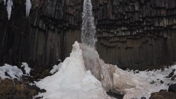 Svartifossの滝と玄武岩溶岩列叙事詩の風景 アイスランドのヴァトナヨークトル国立公園 スローモーションショット カメラのズームイン — ストック動画