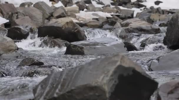 スヴァリフォス滝の近くに黒い玄武岩の岩のクローズアップ 岩の間の水の流れ アイスランドのヴァトナヨークトル国立公園 スローモーション静的ショット — ストック動画