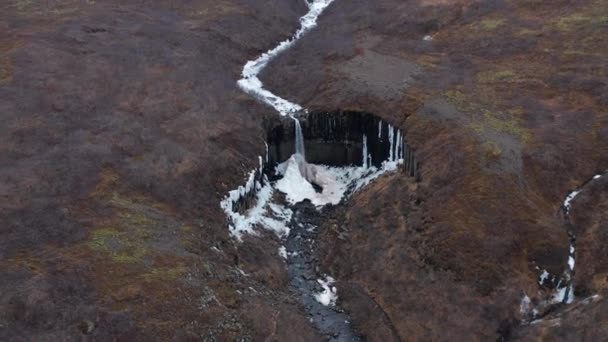 斯瓦尔福斯瀑布和玄武岩拉瓦柱的空中景观 Vatnajokull国家公园 摄像机变焦了全景宽射门 — 图库视频影像