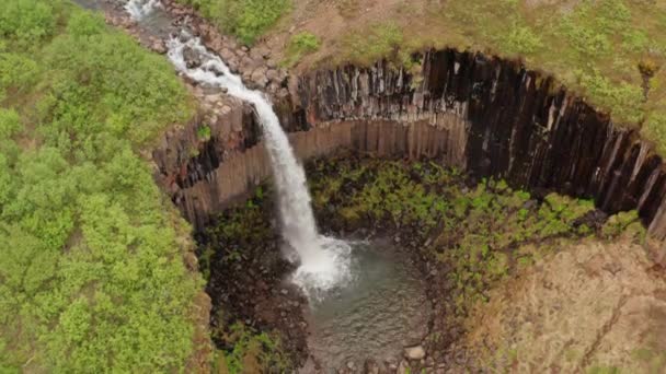 Luchtfoto Van Een Svartifoss Waterval Basalt Lava Columns Epic Landscape — Stockvideo