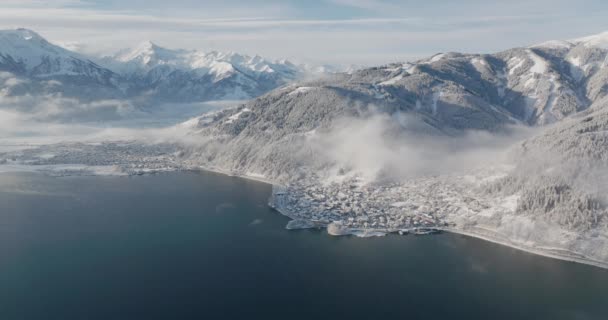Wide Drone Zell See Kaprun Lake Zell Snow Covered Mountains — стокове відео